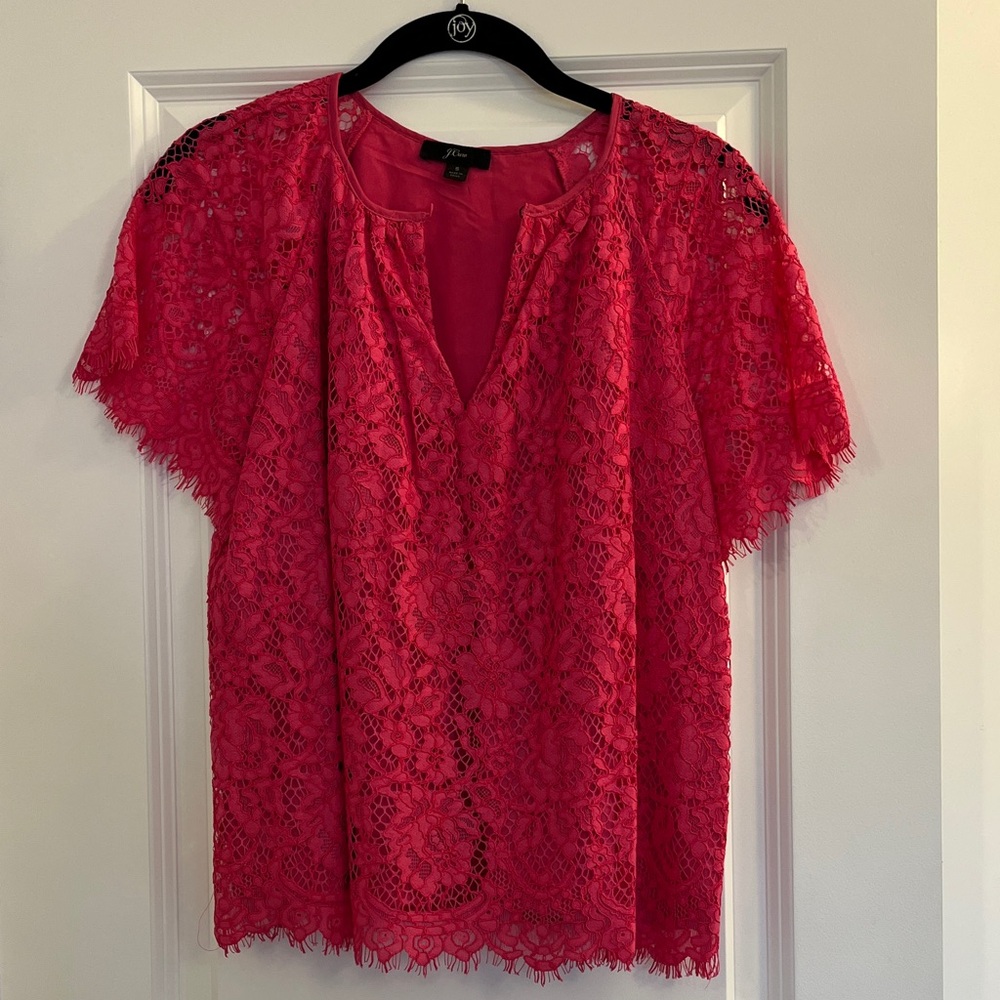 EUC J. Crew Hot Pink Lace Short Sleeve Lined Top Size S